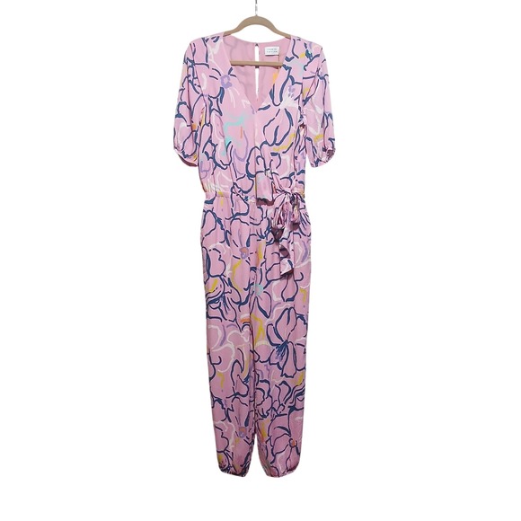 Tanya Taylor Pink Floral Print Wrap Jumpsuit Cropped Sleeve Tie Waist Size 6 - Picture 5 of 14